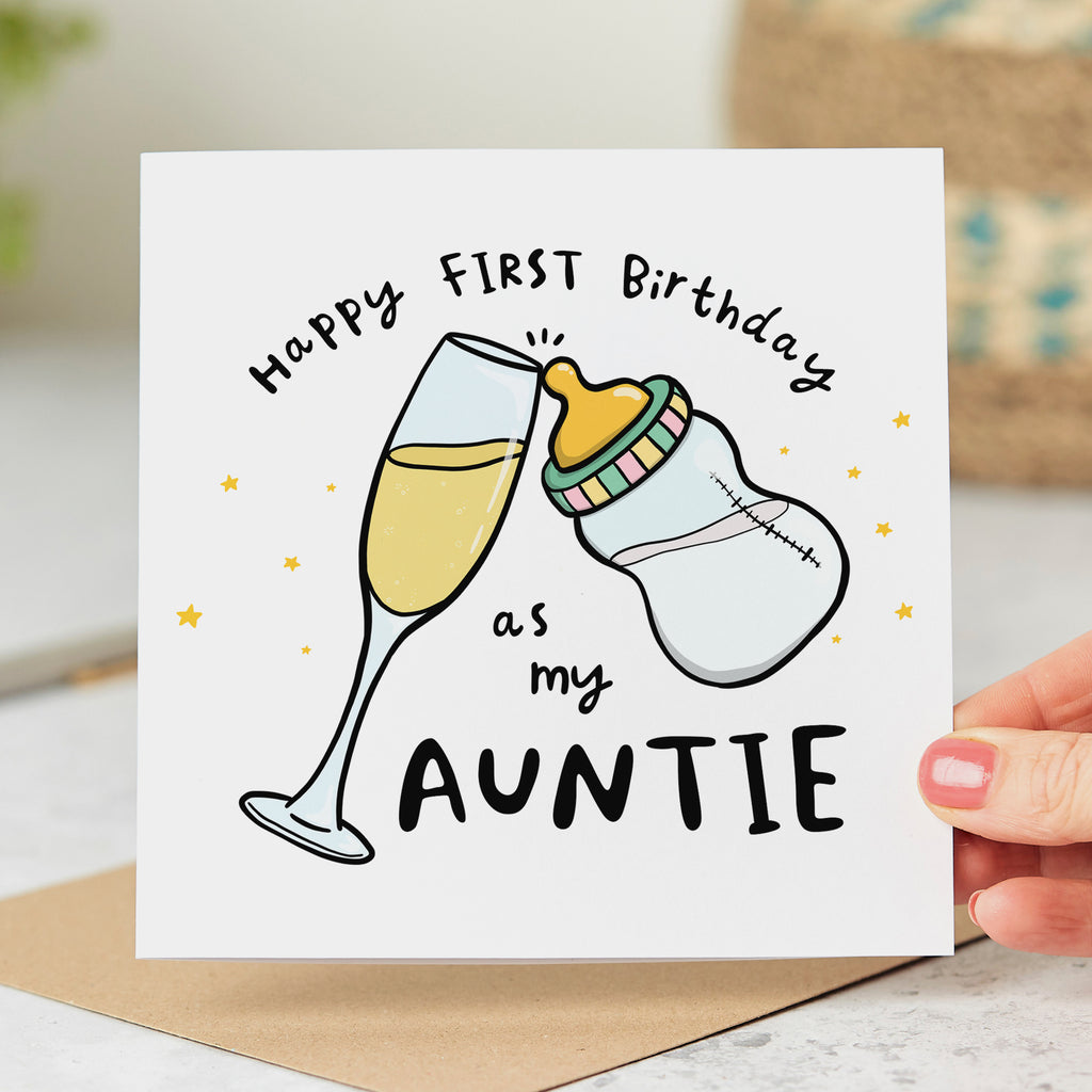 Auntie Wine and Bottle First Birthday Card
