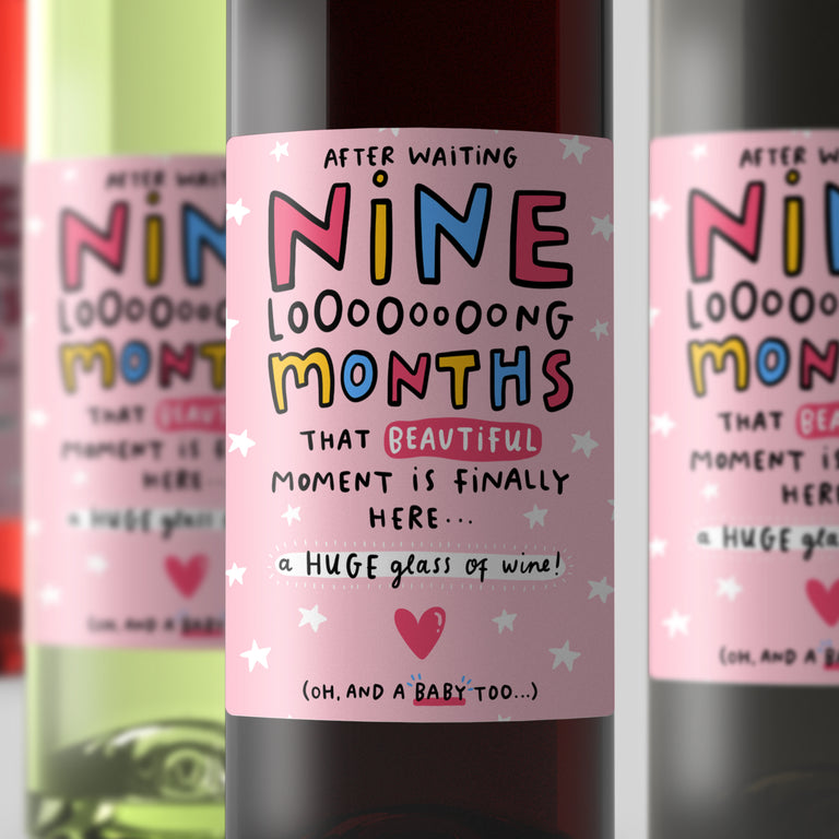 Nine Long Months - New Baby Wine Label