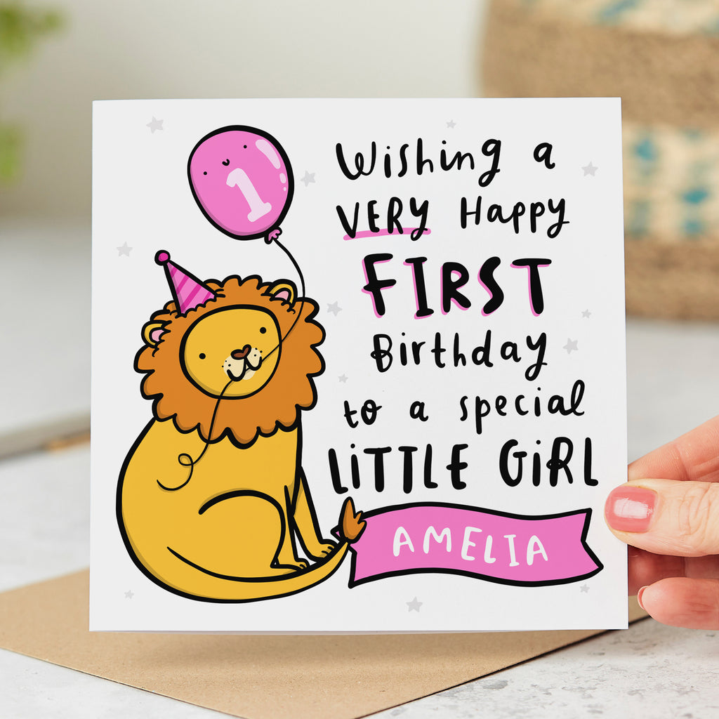 Personalised 1st Birthday Card Pink Lion