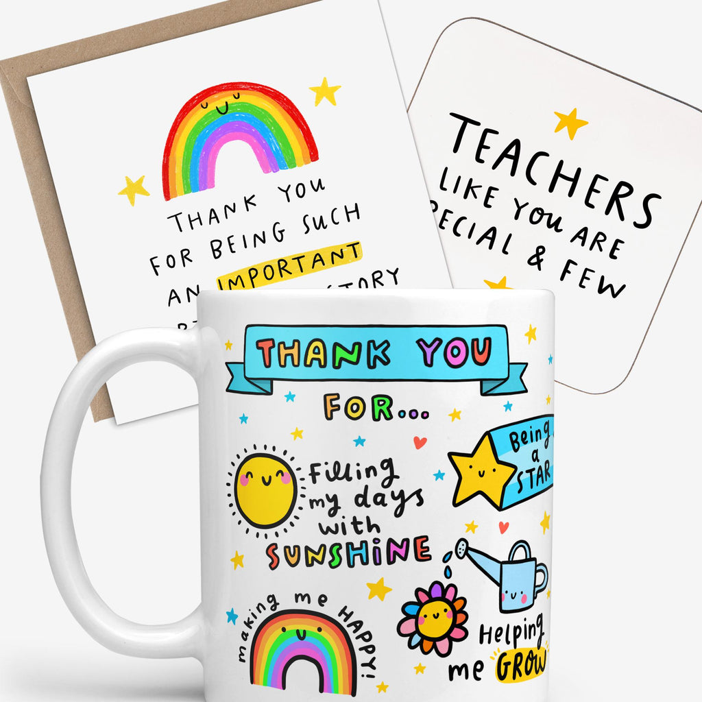 Teacher Thank You Gift Set | Mug, Coaster & Card Bundle | Fun Appreciation End of School Teacher Gift | Thank You Mug, Teachers Like You Coaster, Important Part Of My Story Card