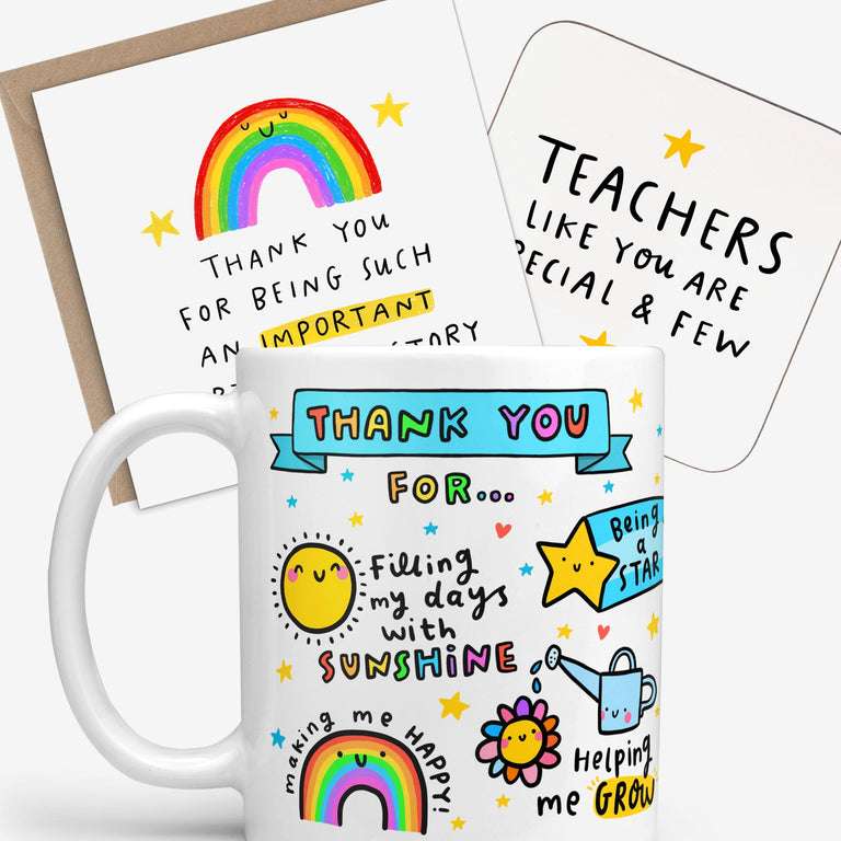 Teacher Thank You Gift Set | Mug, Coaster & Card Bundle | Fun Appreciation End of School Teacher Gift | Thank You Mug, Teachers Like You Coaster, Important Part Of My Story Card
