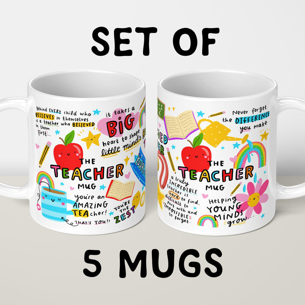 Set of 5 Teacher Mugs - End Of School Gift - Mug Gift Bundle - Thank You Appreciation Teacher Gift