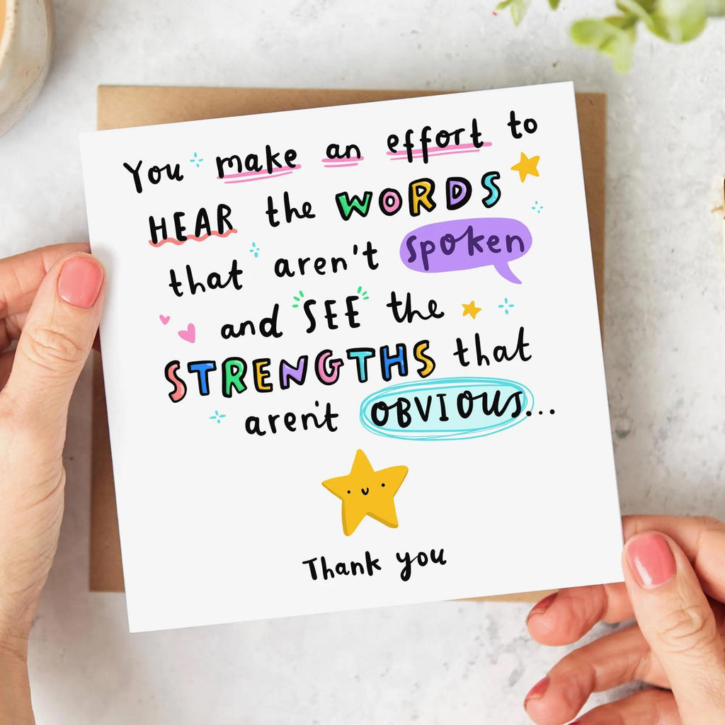Teacher SENCO Thank You Gift Set | Mug, Coaster & Card Bundle | Cute Appreciation Gift For Key Worker, Teaching Assistant, SENCO, Keyworker, SEN Counsellor | Hear The Words Aren't Spoken Card, Better Place By Existing Coaster, Incredible Person Mug