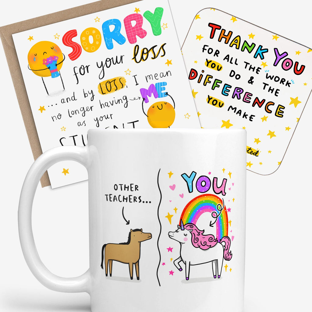 Teacher Thank You Gift Set | Mug, Coaster & Card Bundle | Funny Appreciation End of School Teacher Gift | Other Teachers You Mug, Sorry For Your Loss Card & Difference You Make Coaster