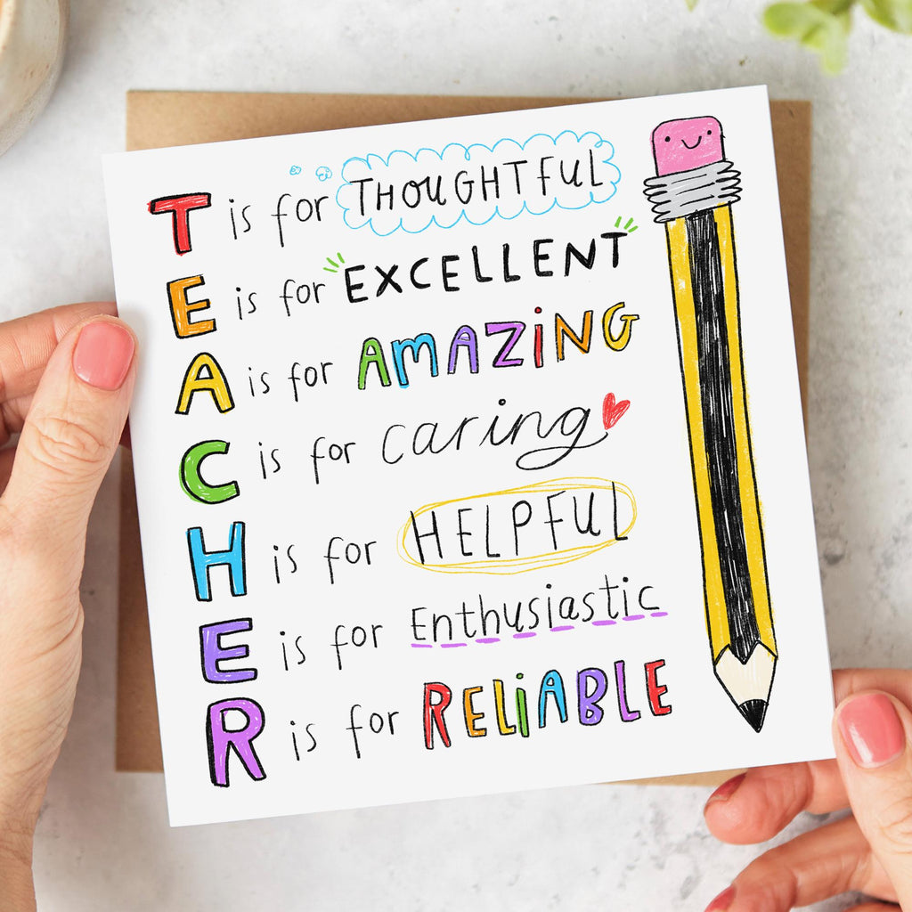 Teacher Thank You Card - T is for thoughtful, E is for... | Fun End Of School, End Of Term Summer Thank You Card, Appreciation For Teacher, From Child, Pupil, Class