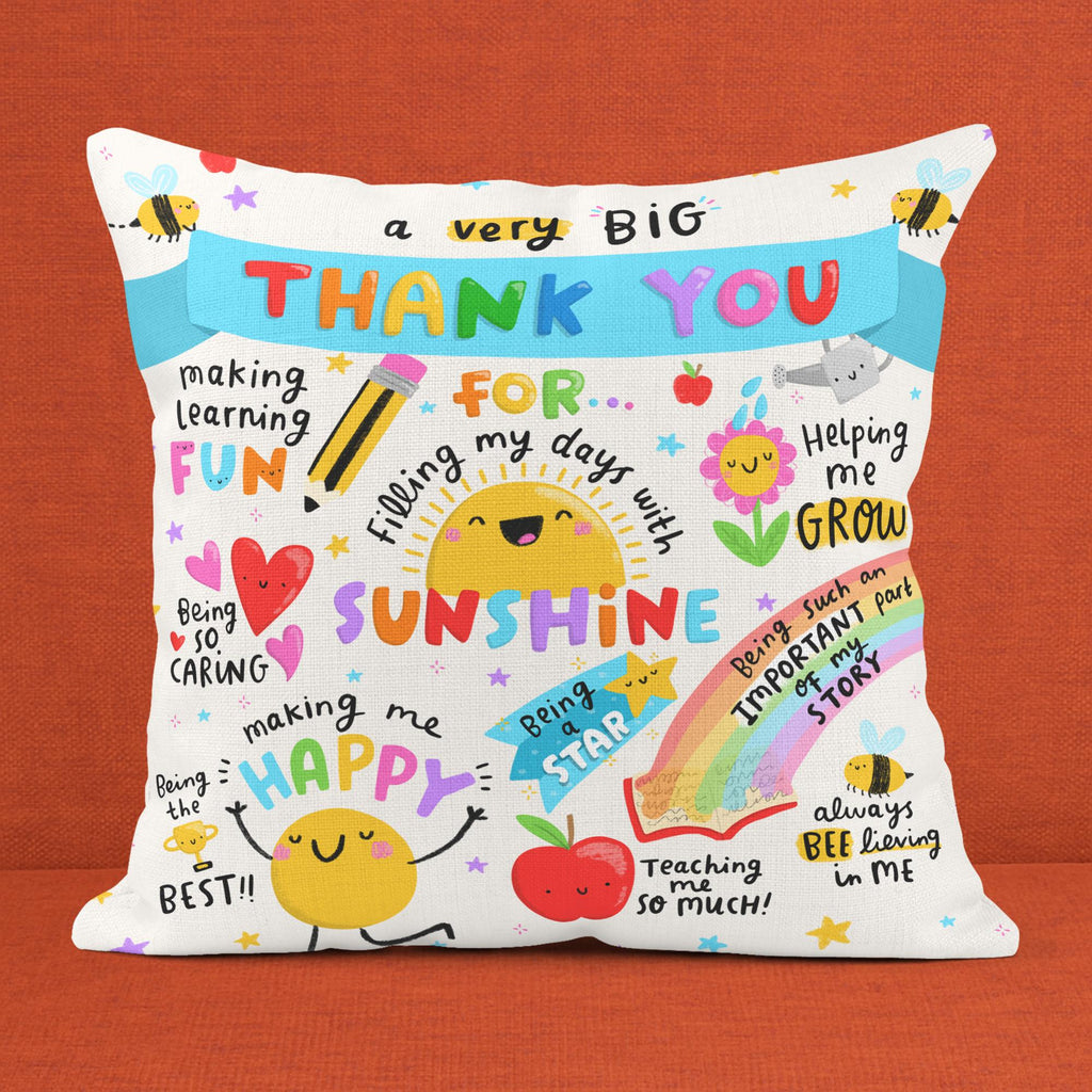 Thank You Teacher Cushion - End of School Gift - For Daycare, Nursery, Teaching Assistant, SENCO, Child Minder, Baby Sitter