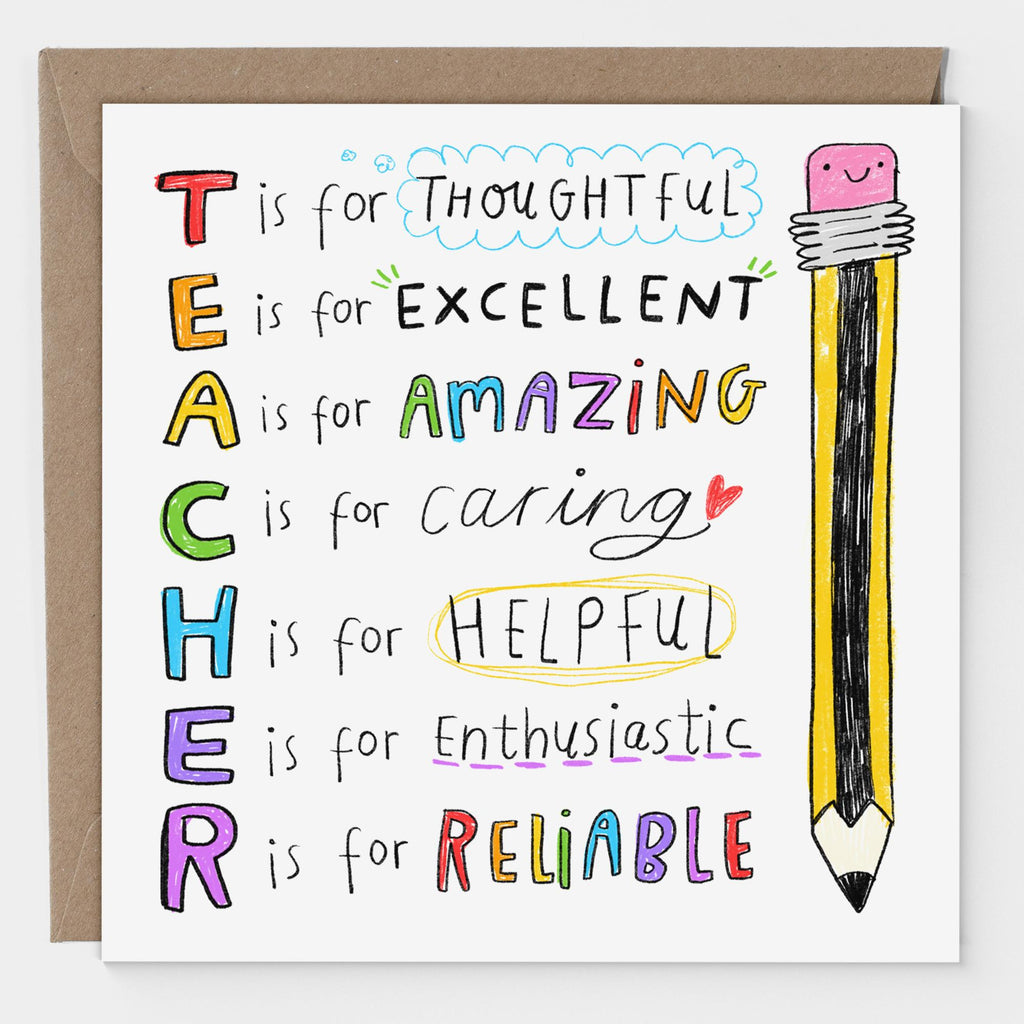 Teacher Thank You Card - T is for thoughtful, E is for... | Fun End Of School, End Of Term Summer Thank You Card, Appreciation For Teacher, From Child, Pupil, Class