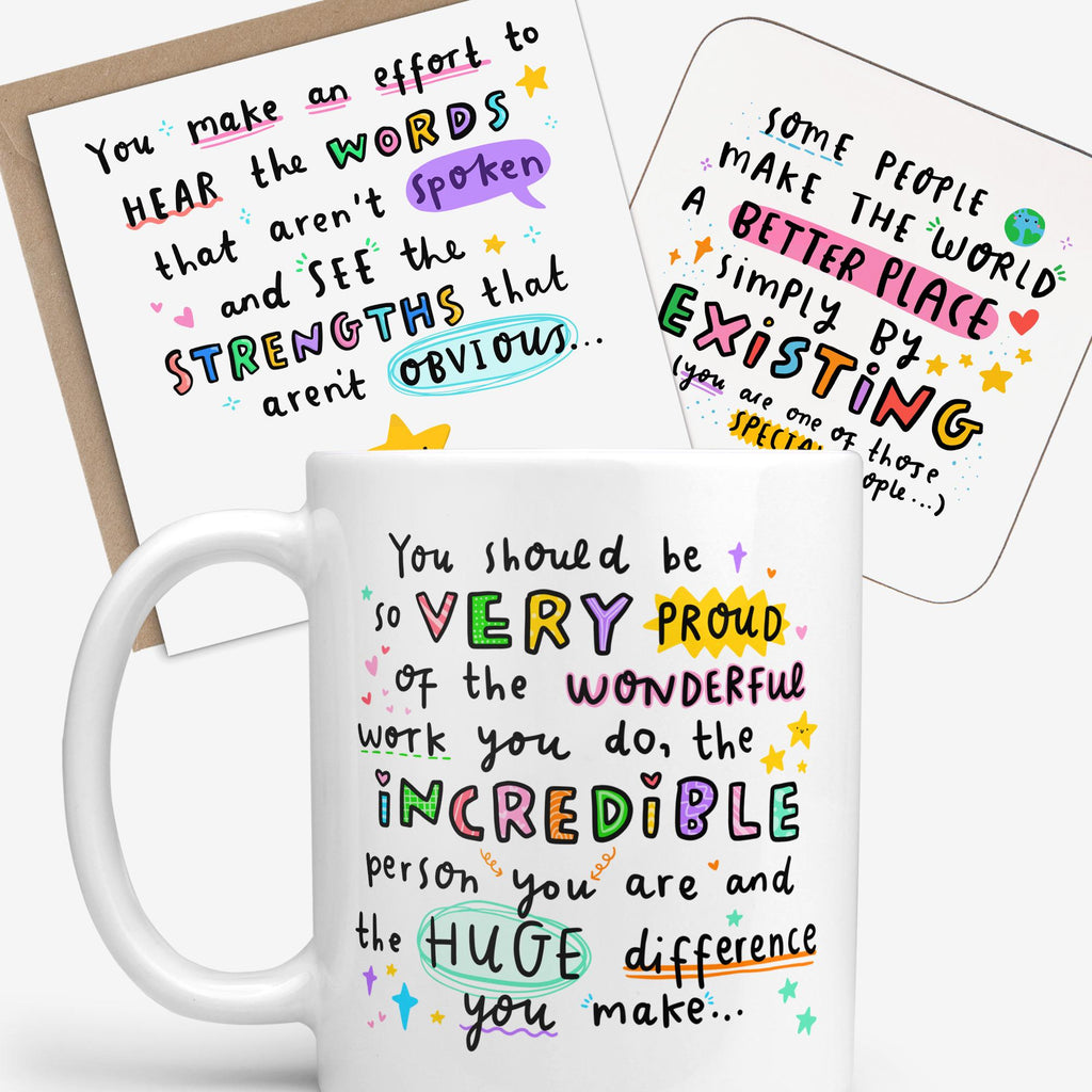 Teacher SENCO Thank You Gift Set | Mug, Coaster & Card Bundle | Cute Appreciation Gift For Key Worker, Teaching Assistant, SENCO, Keyworker, SEN Counsellor | Hear The Words Aren't Spoken Card, Better Place By Existing Coaster, Incredible Person Mug