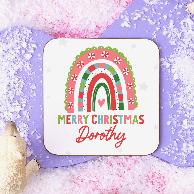 Rainbow Personalised Name Christmas Coaster