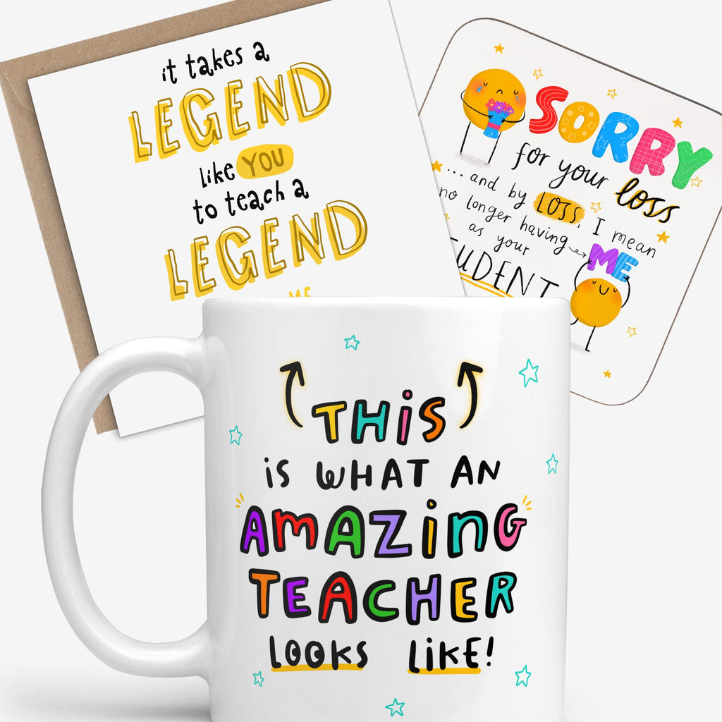 Teacher Thank You Gift Set | Mug, Coaster & Card Bundle | Funny Appreciation End of School Teacher Gift | Amazing Teacher Looks Like Mug, Legend Like You Card, Sorry For Loss Coaster