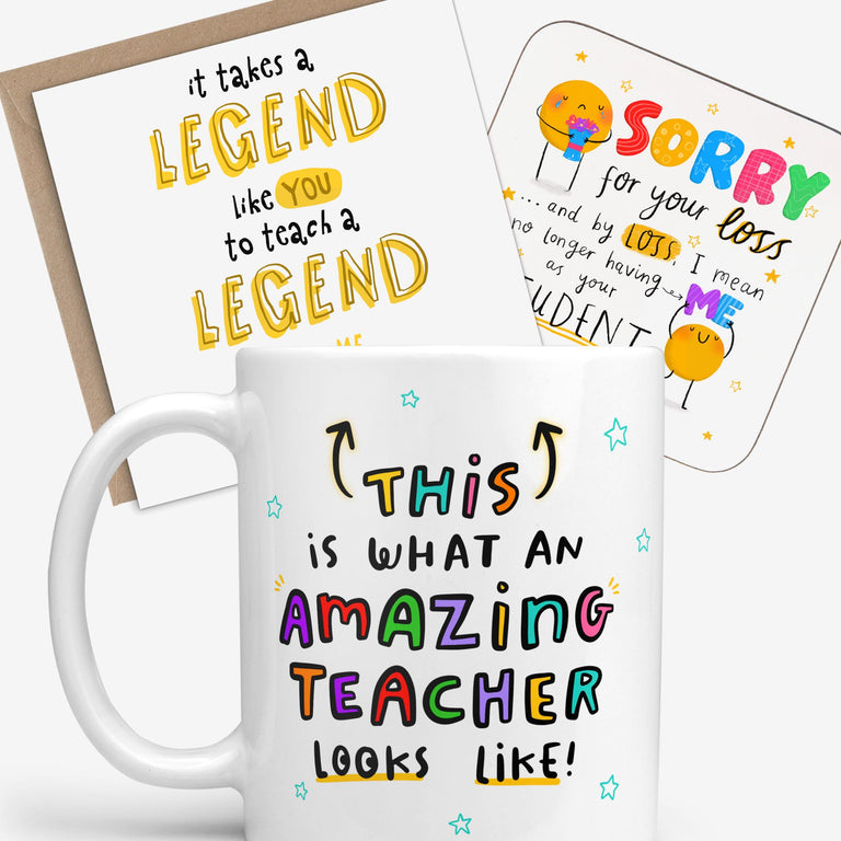 Teacher Thank You Gift Set | Mug, Coaster & Card Bundle | Funny Appreciation End of School Teacher Gift | Amazing Teacher Looks Like Mug, Legend Like You Card, Sorry For Loss Coaster