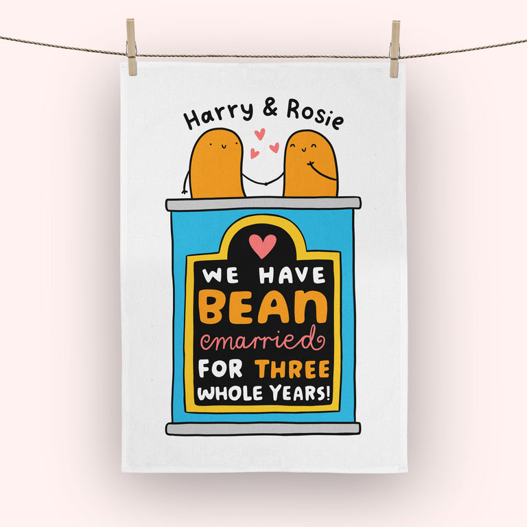 Bean Married 3 Years Personalised Tea Towel