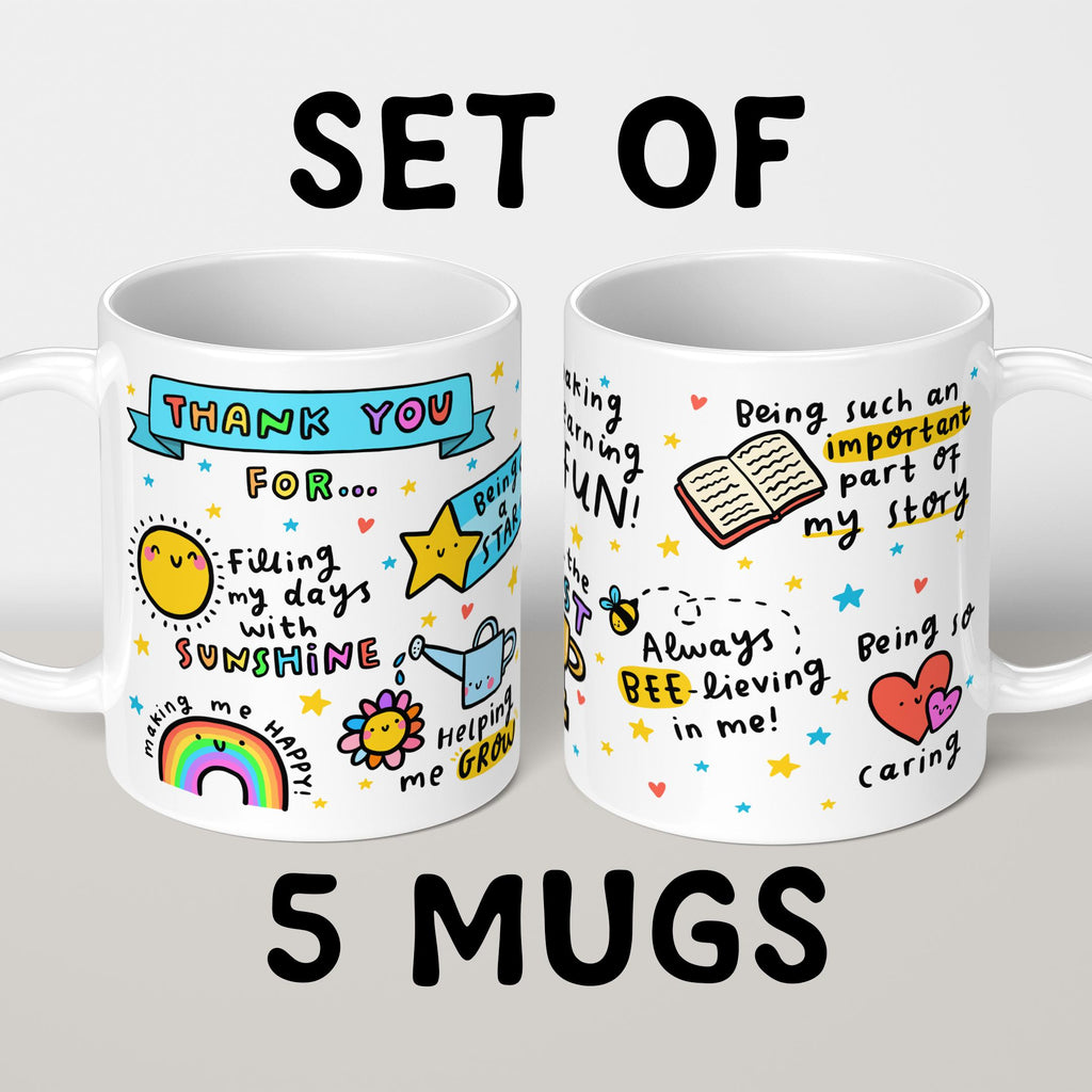 Set of 5 Teacher Mugs - End Of School Gift - Mug Gift Bundle - Thank You Appreciation Teacher Gift, Learning Assistant, Keyworker, SENCO, Teaching Assistant