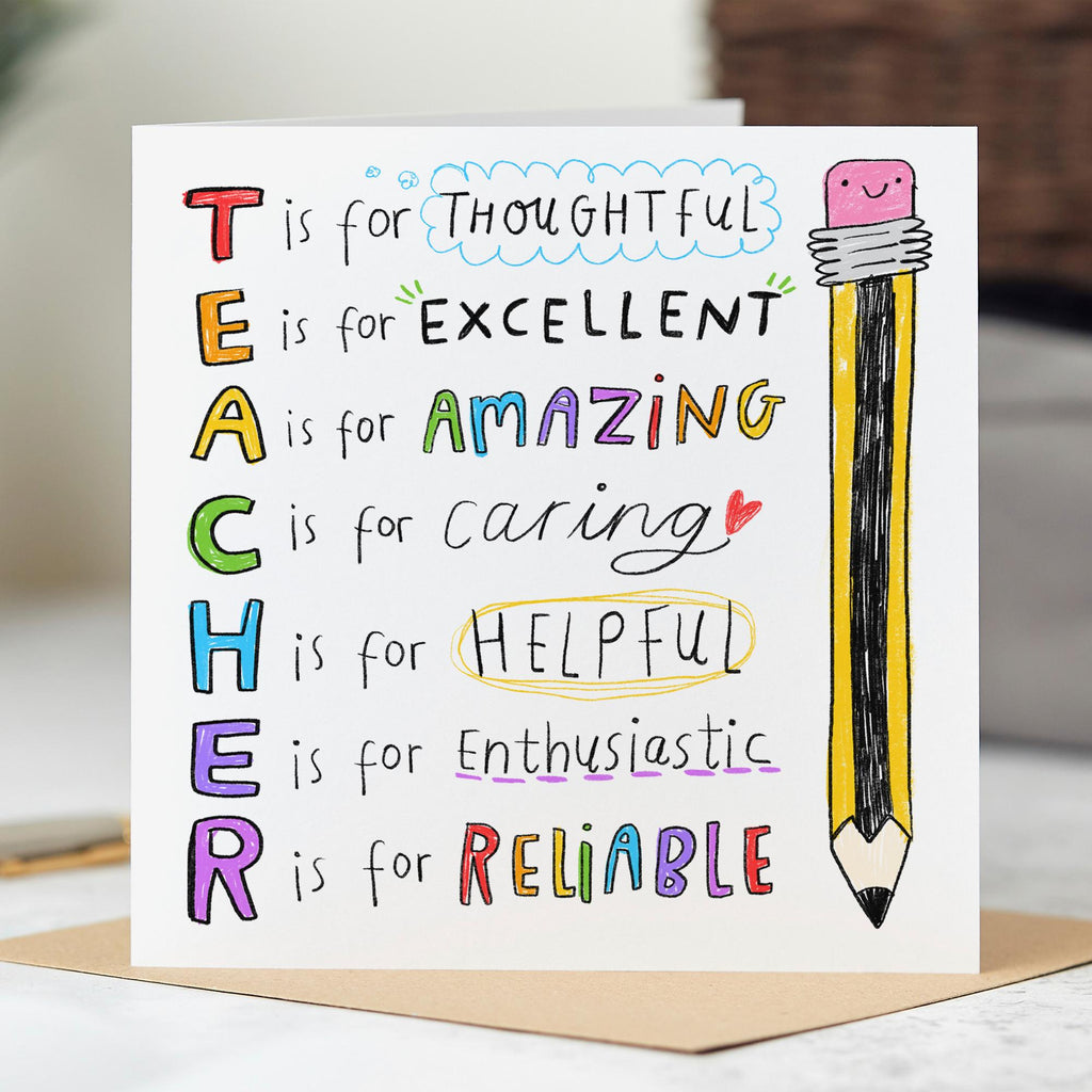 Teacher Thank You Card - T is for thoughtful, E is for... | Fun End Of School, End Of Term Summer Thank You Card, Appreciation For Teacher, From Child, Pupil, Class