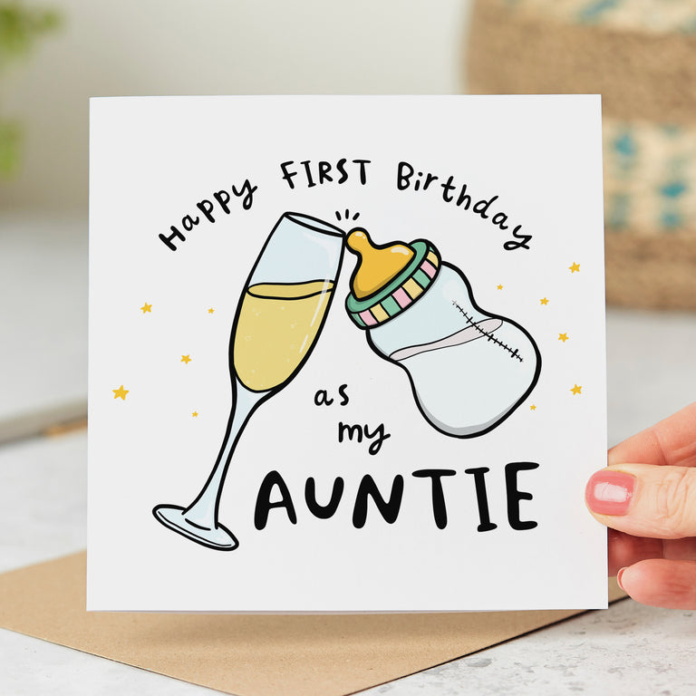 Auntie Wine and Bottle First Birthday Card