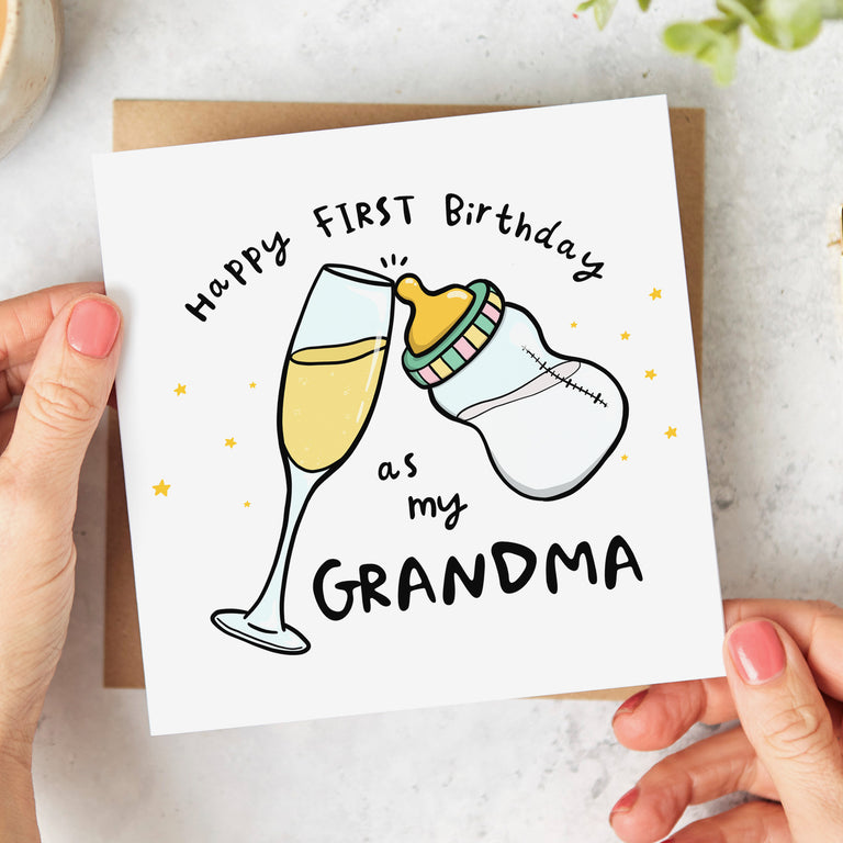 Grandma Wine and Bottle First Birthday Card