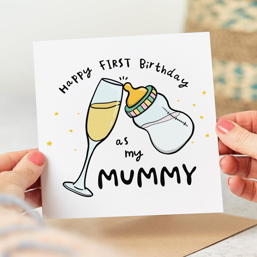 Mummy Wine and Bottle First Birthday Card