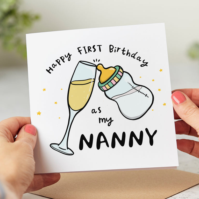 Nanny Wine and Bottle First Birthday Card