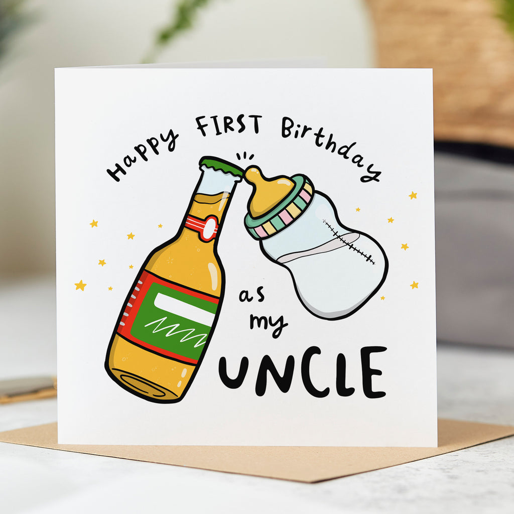 Uncle Beer and Bottle First Birthday Card
