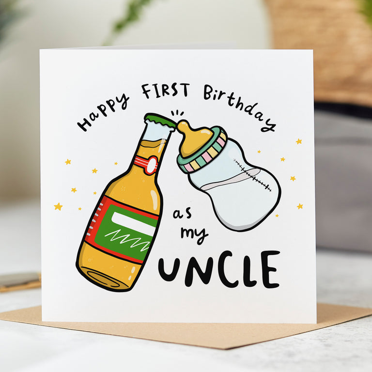 Uncle Beer and Bottle First Birthday Card
