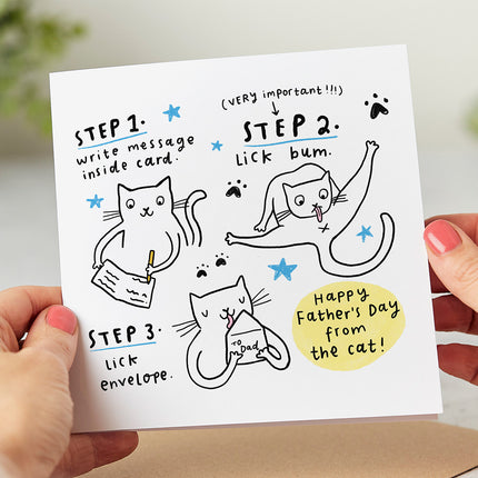 Image of a funny Father's Day card with a cat design and a rude joke.