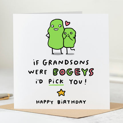 White greeting card with the text 'If Grandsons Were Bogeys I'd Pick You' and a playful illustration of two hugging 'bogeys'.