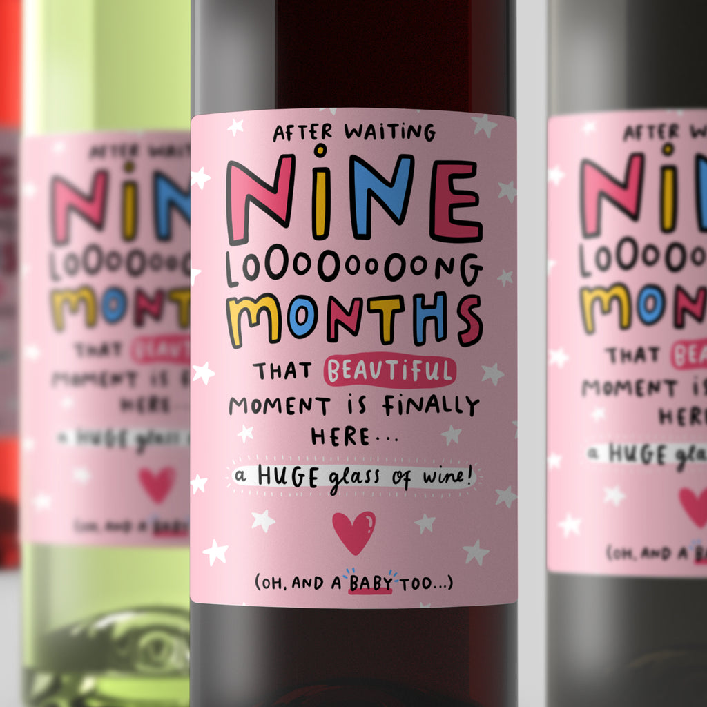 Nine Long Months - New Baby Wine Label