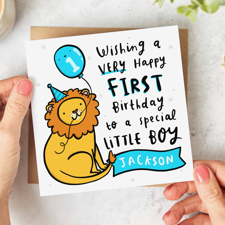 Personalised 1st Birthday Card Blue Lion