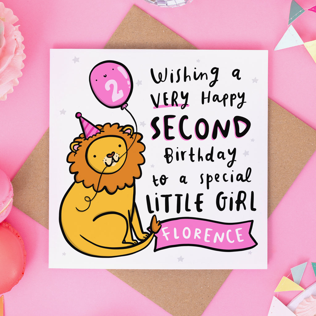 Personalised 2nd Birthday Card Pink Lion