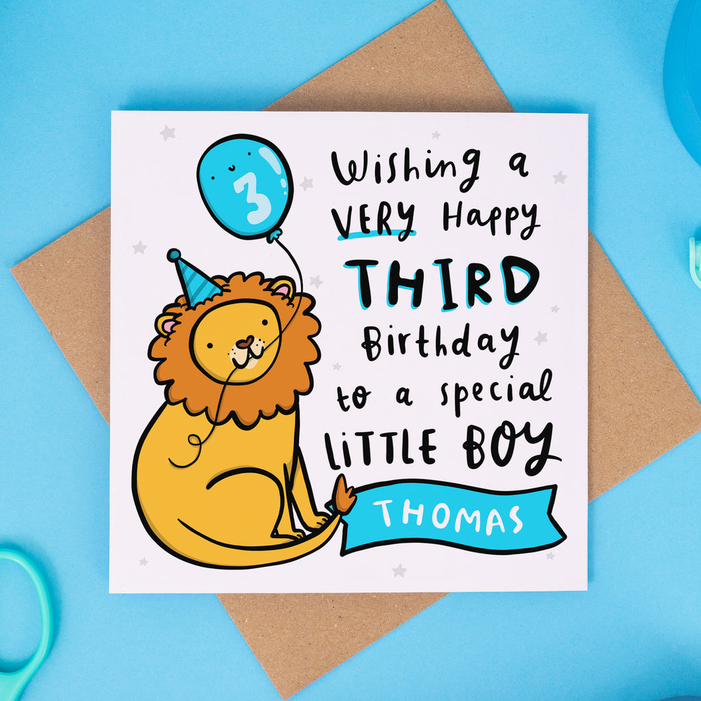 Personalised 3rd Birthday Card Blue Lion