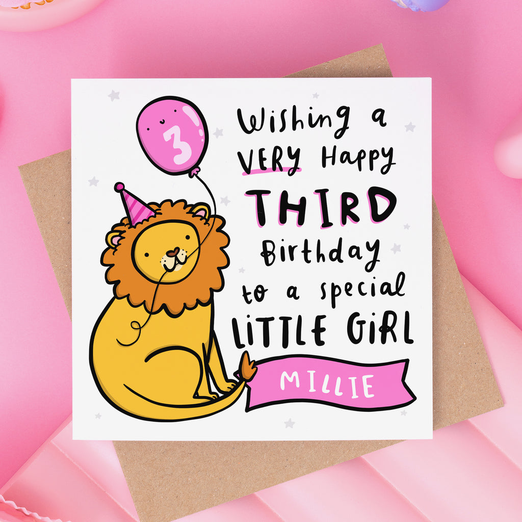 Personalised 3rd Birthday Card Pink Lion