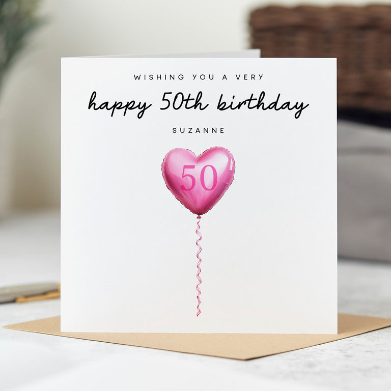 Personalised 50th Birthday Card - Pink Balloon