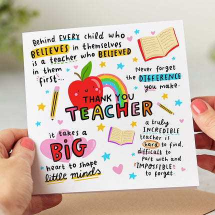 'Thank You Teacher' greeting card with inspiring quotes and playful illustrations.