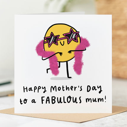White greeting card with a playful character illustration and the text 'Happy Mother's Day To A Fabulous Mum'.