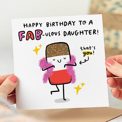 A cartoon Fab ice lolly with a feather boa around its neck. The words 'Happy Birthday To A Fab-ulous Daughter!' are written above it.